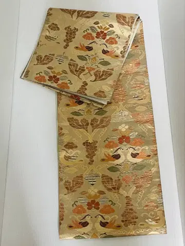 순수 실크 쇼소인 열금색 새와 꽃 무늬 후쿠로 오비