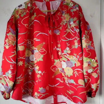 옷감 순수 실크 빨간색 꽃무늬 리본 테이프 드롭 소매 블라우스