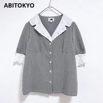 [아비도쿄] 반팔 블라우스 셔츠 새상품급 깅엄 체크 블랙 화이트