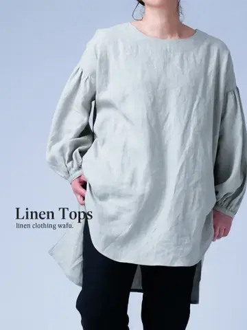 wafu. 와프 린넨 튜닉 뽕긋 소매 화이트 그린