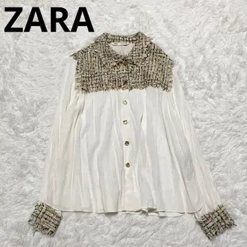 ZARA 트위드 도킹 셔츠 긴팔 블라우스 S 골드 버튼