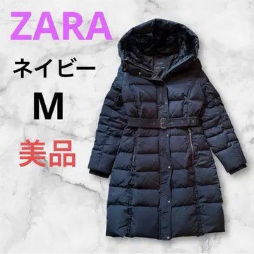 새상품급 자라 ZARA 목 퍼 리얼 다운 코트 벨트 포함 네이비 M