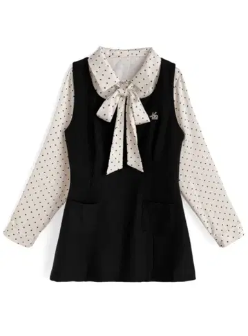 리본 포함 도트 무늬 셔츠 x 스퀘어 넥 슬리브리스 미니 원피스 셋업