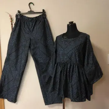 오시마 명주 리메이크 다크 블루 기하학 패턴 셋업