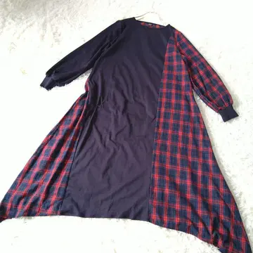 체크 무늬 바이컬러 티셔츠 롱 원피스 XS 오버 사이즈 넉넉한