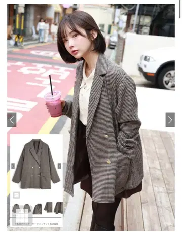 택 포함 GRL 하운드투스 체크 더블 테일러드 자켓