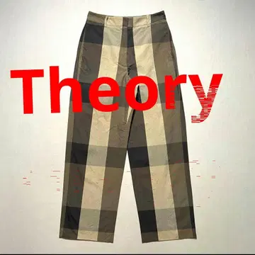 새상품 theory 체크 팬츠 실크 코튼 대형 체크 브라운 베이지