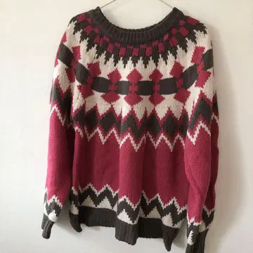 GRL 두꺼운 원단 핑크 노르딕 무늬 긴팔 니트 스웨터