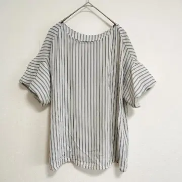 grove 스트라이프 블라우스 볼륨 슬리브 M 그레이 네이비