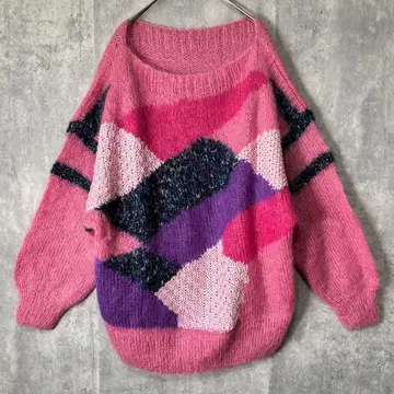 모헤어 핸드 니트 핑크 로우 게이지 디자인 오버 사이즈 터키산