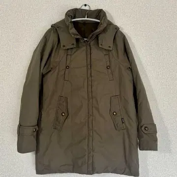 카키 후드 부착 다운 자켓 코트