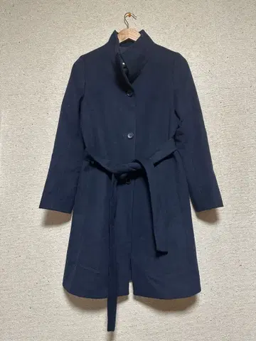 네이비 롱 코트 버튼 벨트 포함