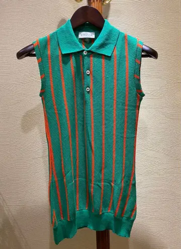 GALLIA 그린 오렌지 스트라이프 슬리브리스 니트