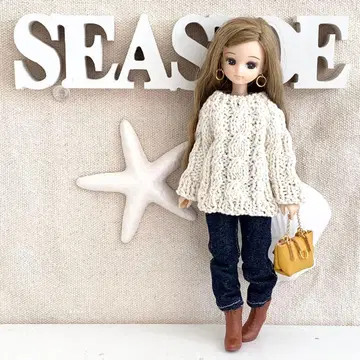 리카짱 의류 4세트 핸드메이드 22cm 아이보리색 케이블 짜임 스웨터