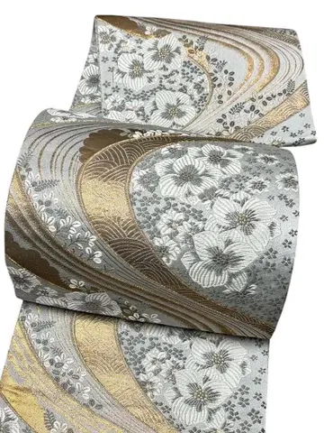 A24 폴리에스테르 후쿠로 오비 꽃과 흐르는 물 미사용