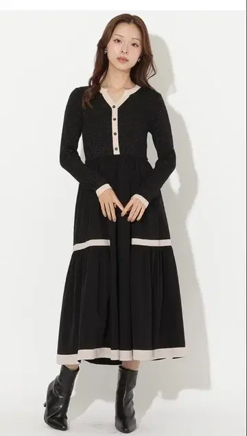 택 포함 새상품 앤드 퀼튀르 라메 믹스 배색 도킹 원피스 블랙