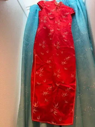 대나무 자수 빨간색 차이나 드레스