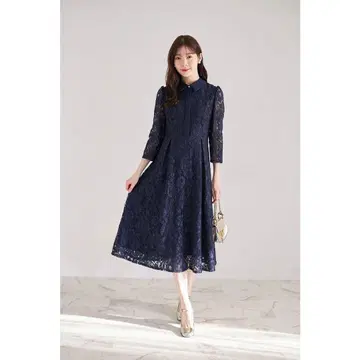 펄 단추 패널 라인 카라 부착 레이스 원피스