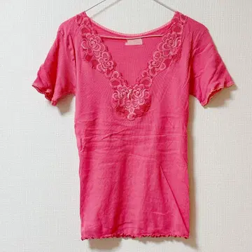 11 레이스 장식 핑크 V넥 반팔 티셔츠 상의 구제 의류