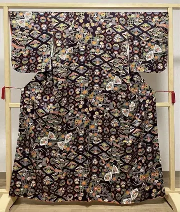 A 학 나비 꽃들 보라색 순수 실크 이중 기모노 코몬 기모노 K71