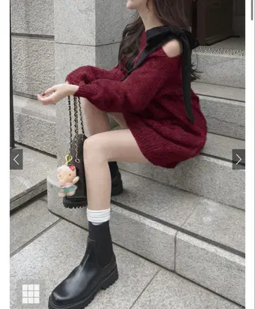 원숄더 벨로아 리본 니트 미니 원피스[dr796]