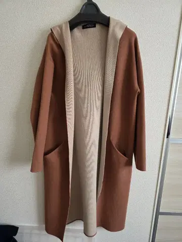 후드 부착 롱 가디건 브라운 베이지