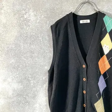 비행선 가디건 베스트 니트 블랙 아가일 무늬 고양이 아크릴