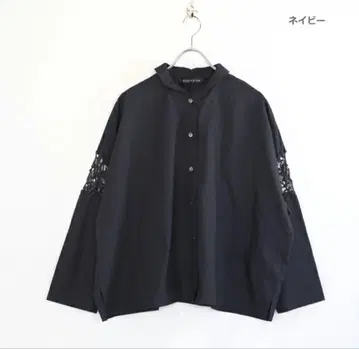 미즈이로 인드 긴팔 블라우스 오버 사이즈 소매 레이스 네이비 코튼