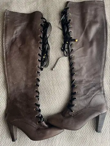브라운 가죽 롱 부츠 레이스업 25cm