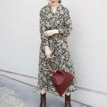 SHIPS 플라워 프린트 롱 슬리브 V넥 원피스 컨디션 최상