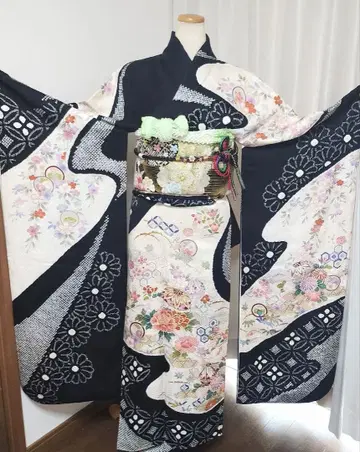 성인식 순수 실크 후리소데 풀세트 인기 블랙 쥐어짜기 럭셔리 청순 귀여움