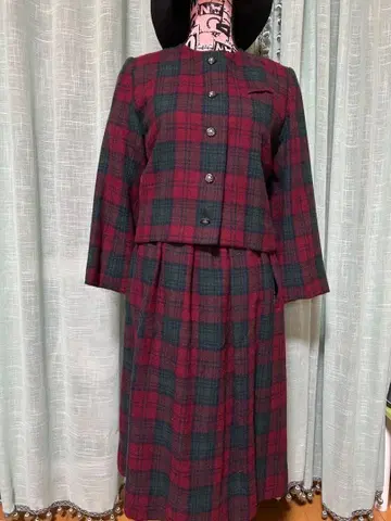 구제 의류 체크 무늬 자켓과 스커트 세트