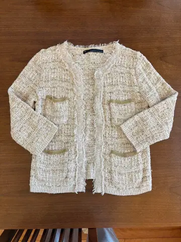 노카라 자켓 베이지색 프린지 마감