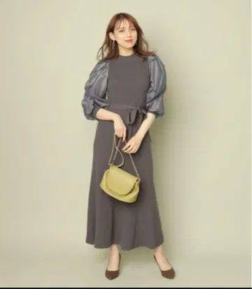 새상품급 퍼프 슬리브 리브 니트 롱 원피스 허리 리본 플레어 포멀