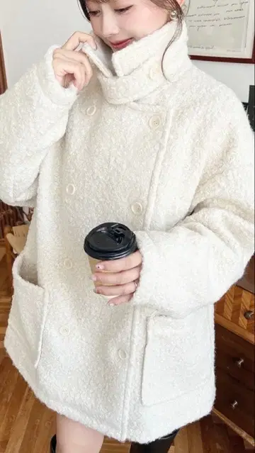 페이크 링 울 2WAY 어레인지 칼라 P 코트 새상품급