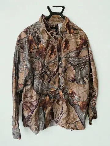 긴팔 버튼 다운 셔츠 리얼트리 카모플라쥬 나무 가지 잎 2XL