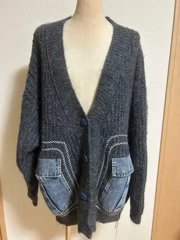 [ Sheson ] 오버 사이즈 데님 콤비 니트 가디건