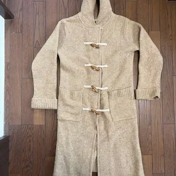 베이지 더플 코트 후드 부착