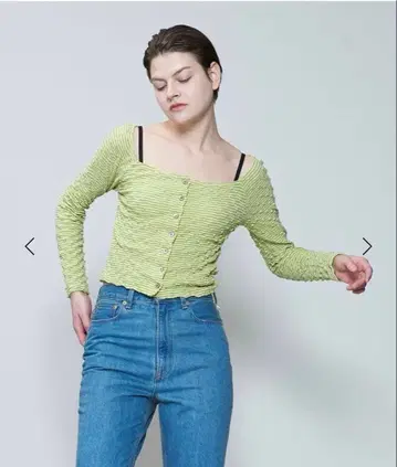 리브 짜임 라임 그린 긴팔 상의