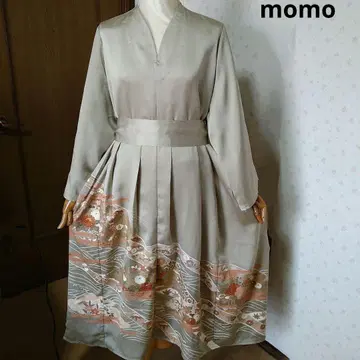 순수 실크 이로도메소데 허리 리본 포함 턱 디테일 원피스 기모노 리메이크