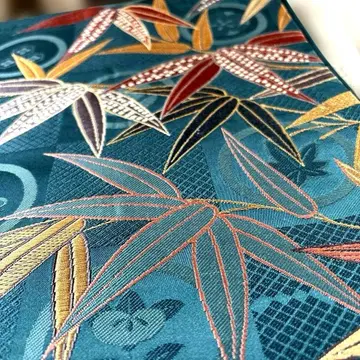 후쿠로 오비 육통 문양에 대나무 청록색 순수 실크 새상품 수납 가방 포함