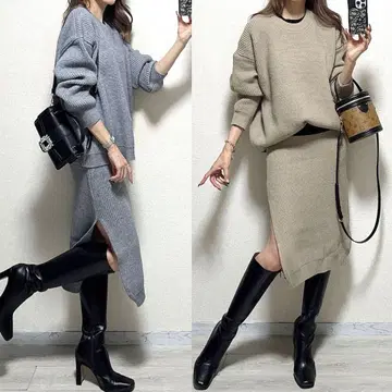 여성용 심플 무지 니트 셋업