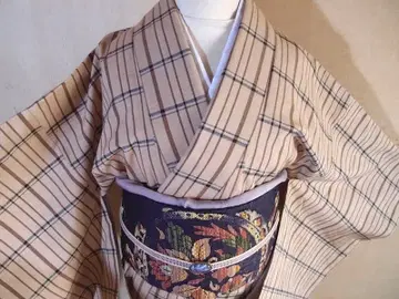 츠무기 기모노 (격자 문양) 총장 168 화장 65 순수 실크 새상품급