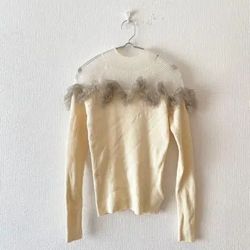 [라그나문] 리브 스웨터 가슴 튤 하이넥 퍼널넥 F