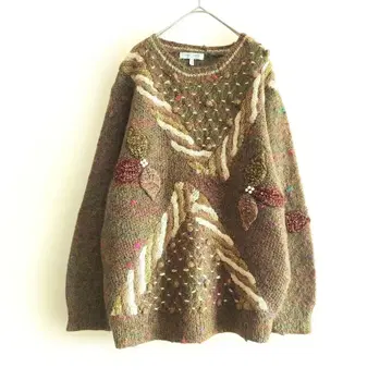 a 빈티지 입체 자수 모티브 니트 스웨터 쇼와 레트로 펄 그린