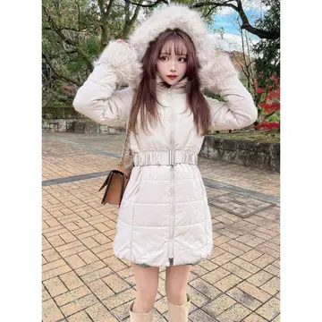 그레일 벨트 포함 퍼 다운 코트