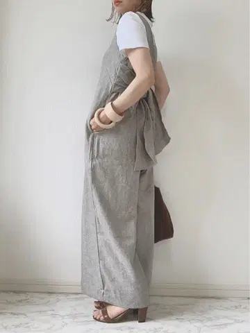 T012 유어즈 살로펫 M 베이지 리본 와이드 팬츠 린넨