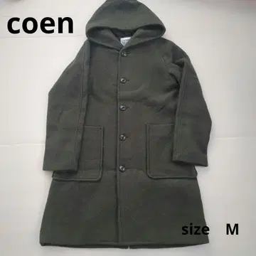 코엔 코트 카키 그린 후드 부착 롱 M 사이즈