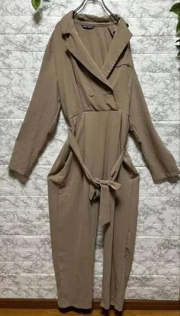 쉬인 베이지 점프수트 L 허리 조임