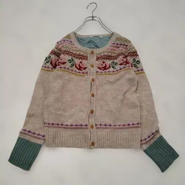 가디건 니트 울 혼방 꽃 레트로 프리